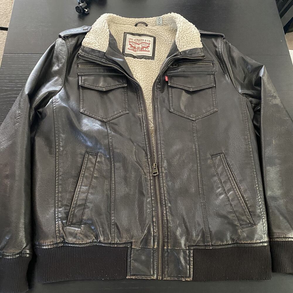 Levi’s Signature Sherpa Lined Faux Leather Bomber Jacket M Brown 90s Style!